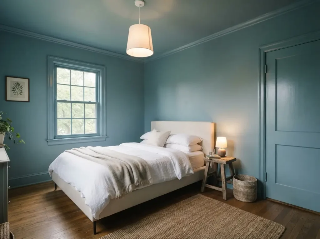 Color drenched bedroom with walls, trim and ceiling painted the same dusty blue green

