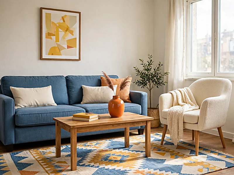 Colorful apartment living room with a patterned rug, blue sofa, yellow artwork, and orange decorative accents.