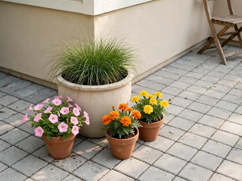 Terracotta and ceramic patio pots filled with pink petunias, orange marigolds, and ornamental grasses.