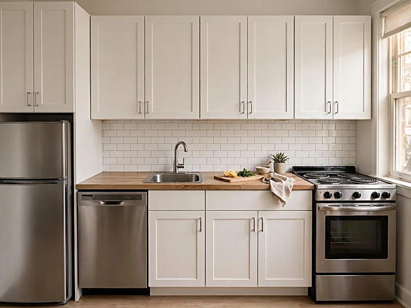 Small apartment kitchen with a slim dishwasher, compact refrigerator, and practical counter space.
