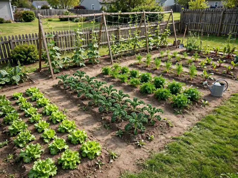 Organized backyard vegetable garden with narrow growing beds, clear walking paths, lettuce, and trellised beans.