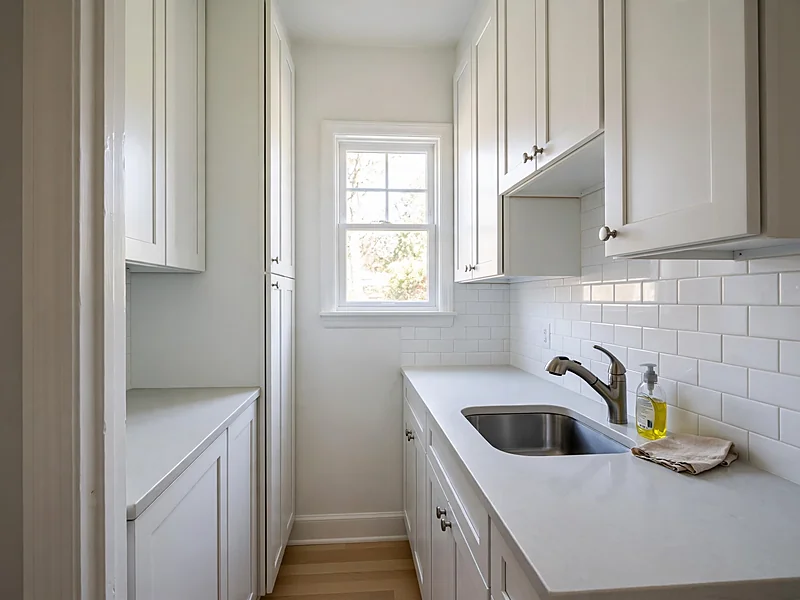Compact stainless steel single-bowl sink in a small galley kitchen with white cabinets and narrow countertops.