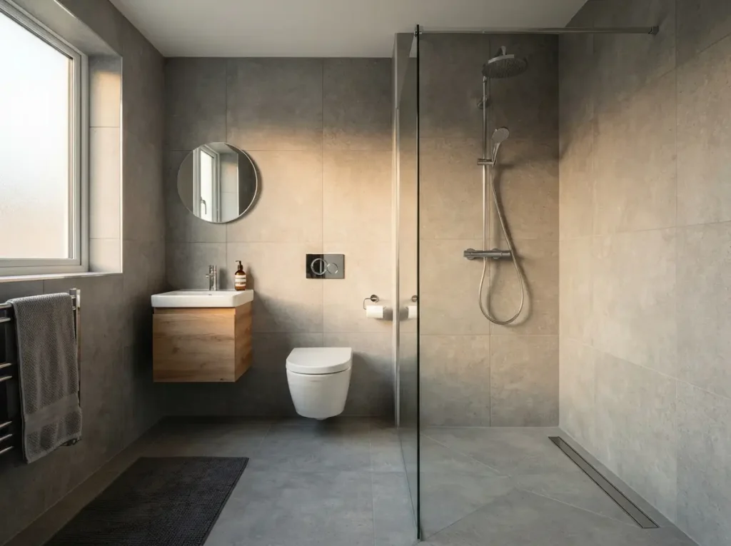 Compact wet room with one glass panel, sloped tile floor and linear drain
