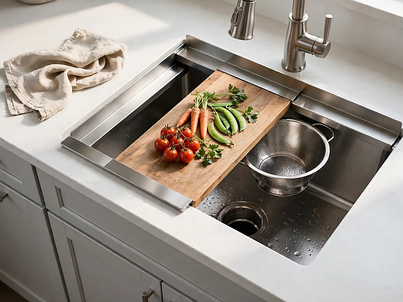 Compact stainless steel workstation sink with a fitted cutting board and colander resting on built-in ledges.