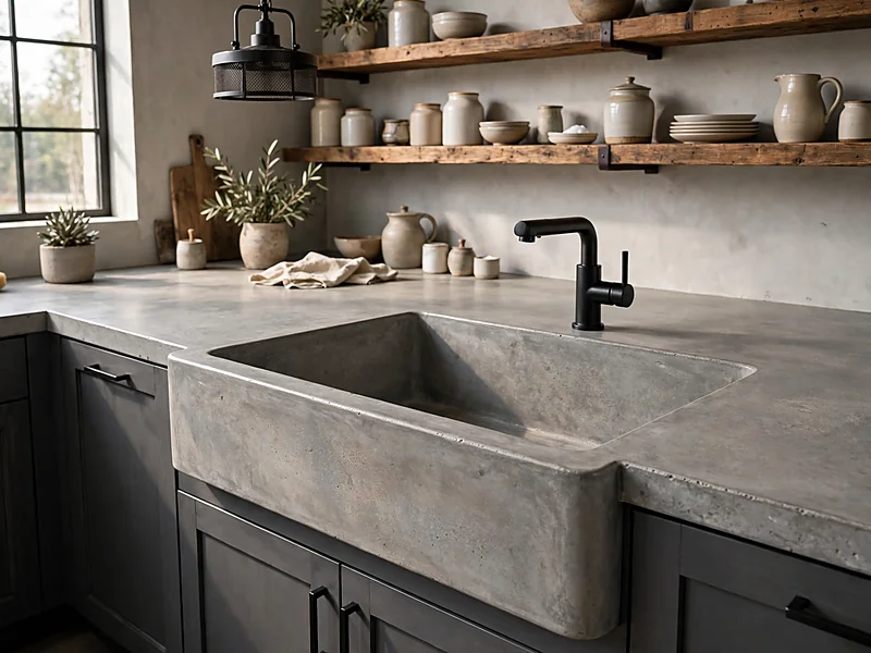 Gray concrete kitchen sink with a matte surface, dark cabinets, wood shelves, and black metal fixtures.