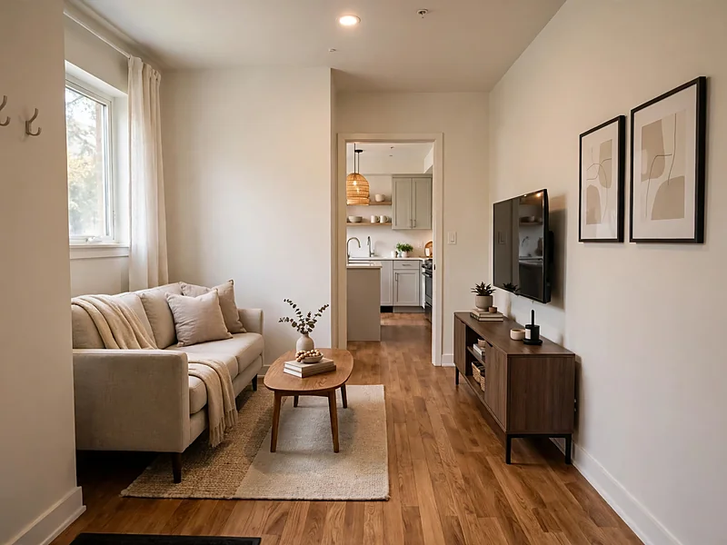 Narrow condo living room with compact furniture arranged to leave a clear walking path toward the kitchen.