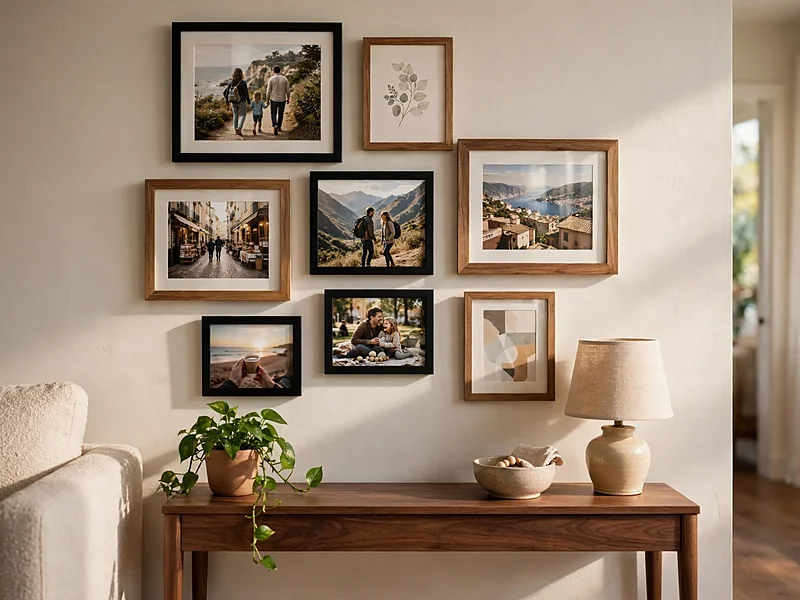 Condo living room gallery wall with neatly arranged family photographs in coordinated frames above a console.
