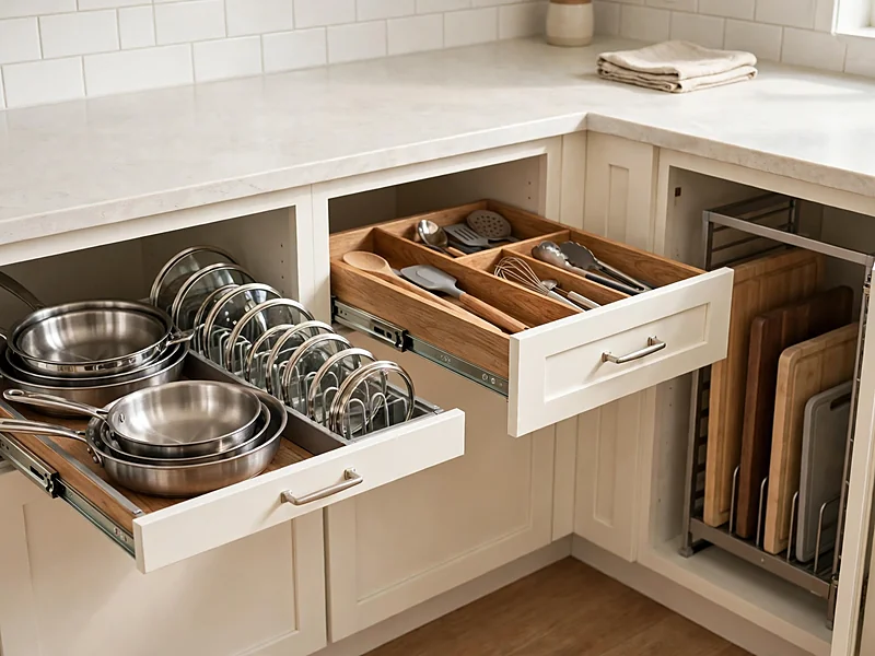 Open condo kitchen drawers and a pullout cabinet showing organized utensils, cookware, and cutting boards.