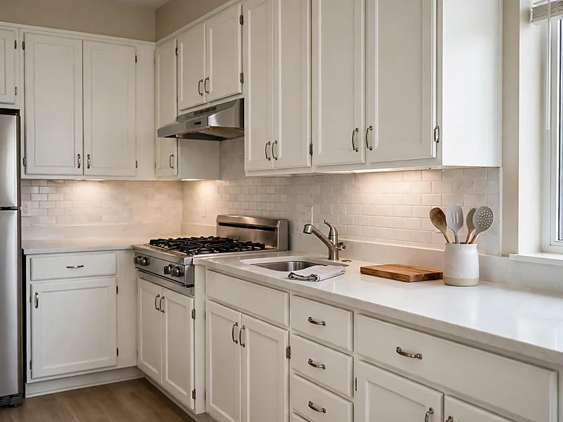 Updated condo kitchen with existing white cabinets, modern cabinet handles, and clean countertops.