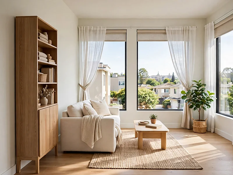 Sunlit condo living room with unobstructed windows, sheer curtains, adjustable shades, and light furniture.