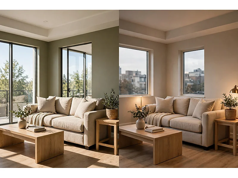Comparison of two condo living rooms, one with olive-green walls and bright daylight, the other with warm beige walls and limited daylight.