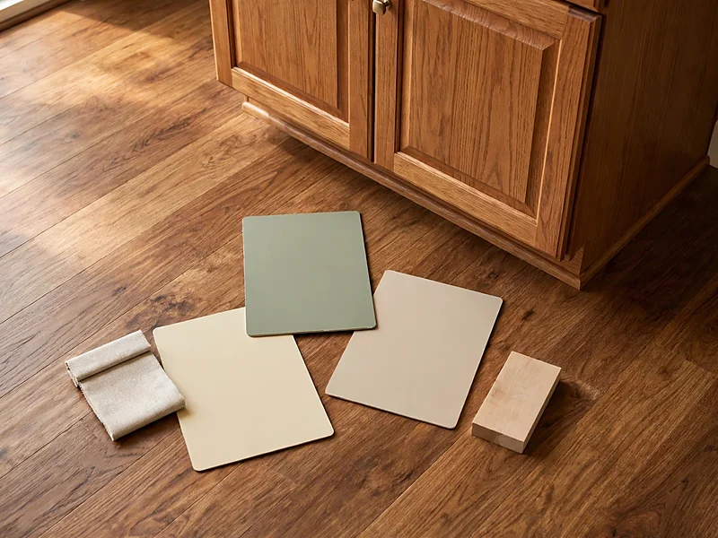 Condo interior material samples showing cream paint, muted green, warm brown wood flooring, and existing cabinet finishes.