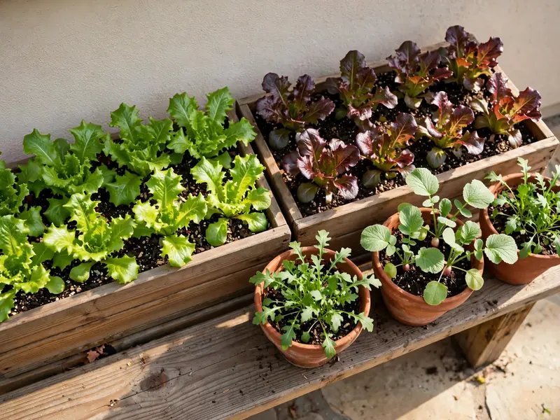 Leaf lettuce, arugula, and radish foliage growing in patio pots and wooden planter boxes.