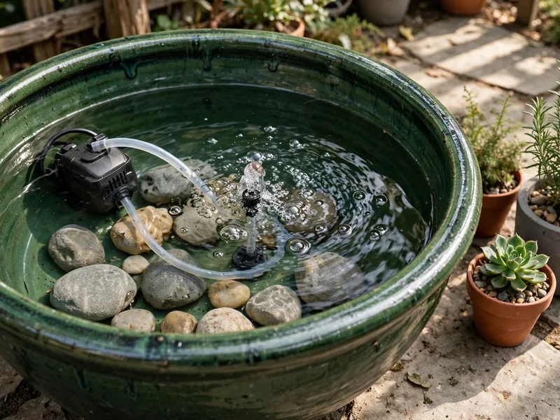 DIY ceramic container fountain with gentle bubbling water and a small submerged pump.