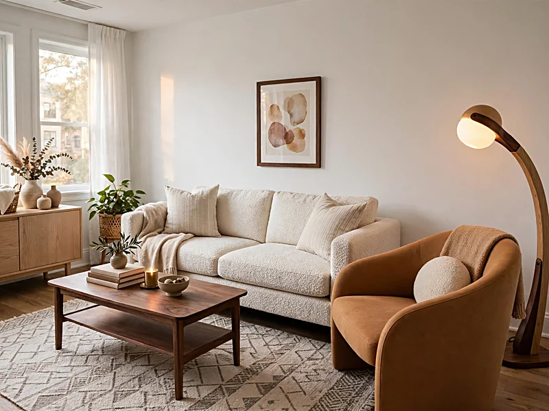 Contemporary apartment living room with a curved accent chair, textured sofa, mixed wood finishes, and sculptural lighting.