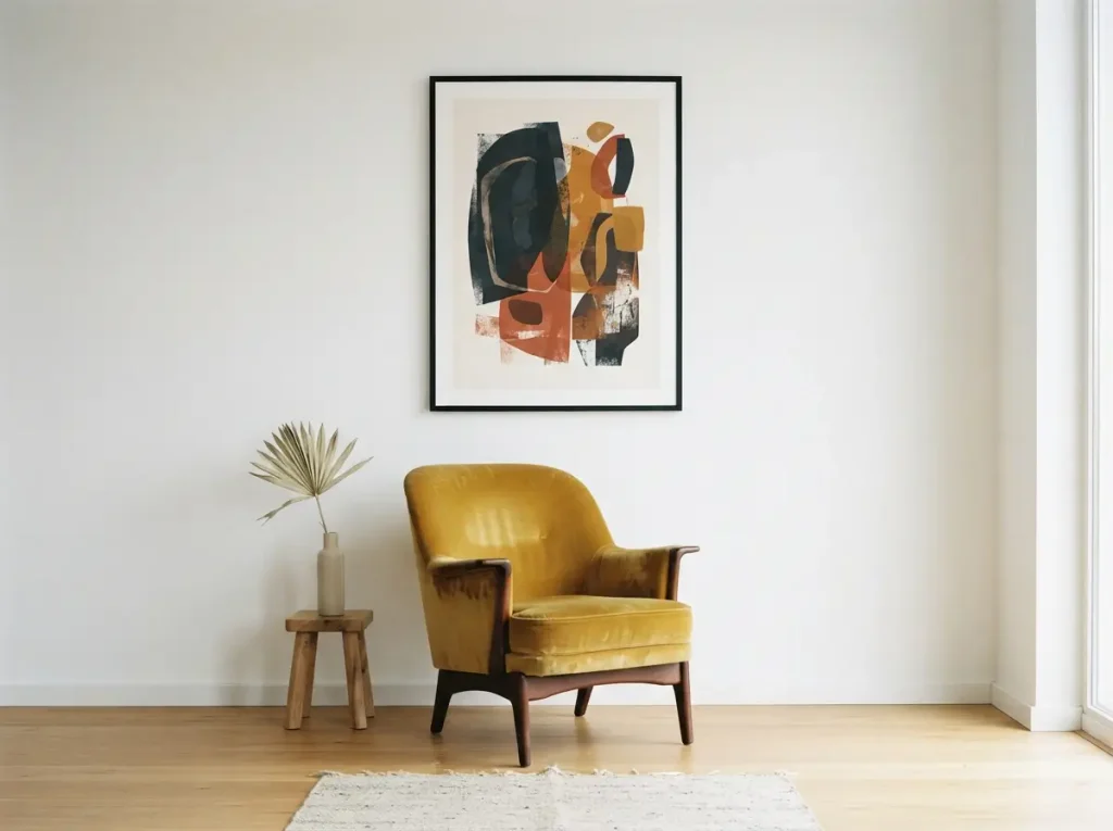 Vintage mustard armchair as a single conversation piece under one bold framed print

