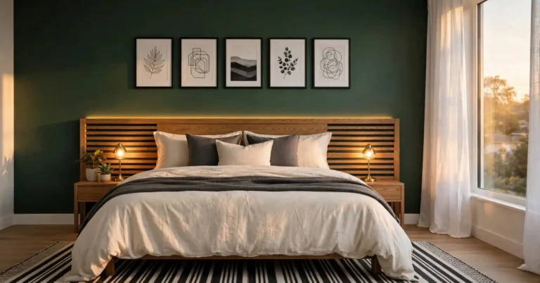 Cool bedroom ideas shown in one room with a deep green accent wall, layered lighting and textured bedding