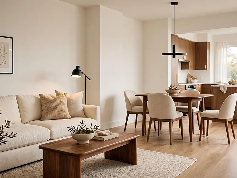 Open condo living and dining area with matching walnut furniture finishes, a seating rug, and pendant lighting.