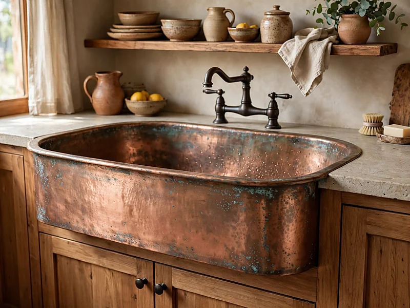Rustic copper apron-front kitchen sink with natural wood cabinetry, stone countertops, and a dark bronze faucet.