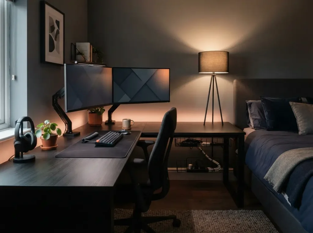 Corner gaming desk wrapping two walls with two monitors beside a bed
