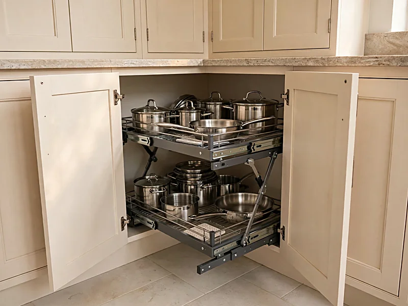 Open corner base cabinet showing a pull-out storage organizer with pots and pans.