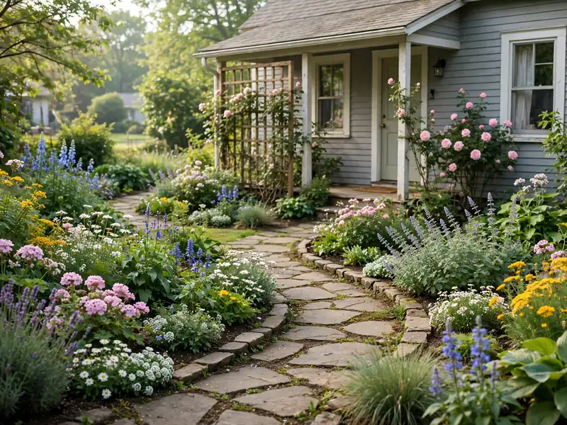 Cottage garden with curved stone path, colorful perennial flowers, climbing plants, and informal garden beds.