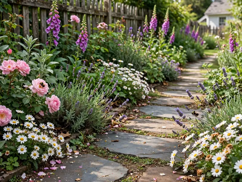Colorful cottage garden with roses, lavender, daisies, and foxgloves growing beside a curved stone path with bees visiting the flowers.