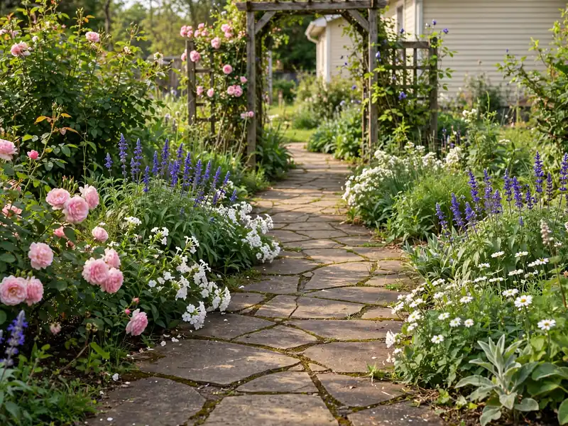 Cottage-style flower garden with a curving stone path, flowering roses, salvia, and mixed perennials.