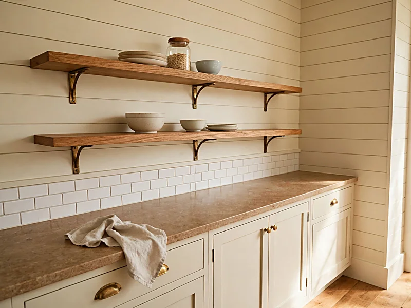 Cottage kitchen with cream shiplap backsplash, natural wood shelves, and white ceramic dishes.