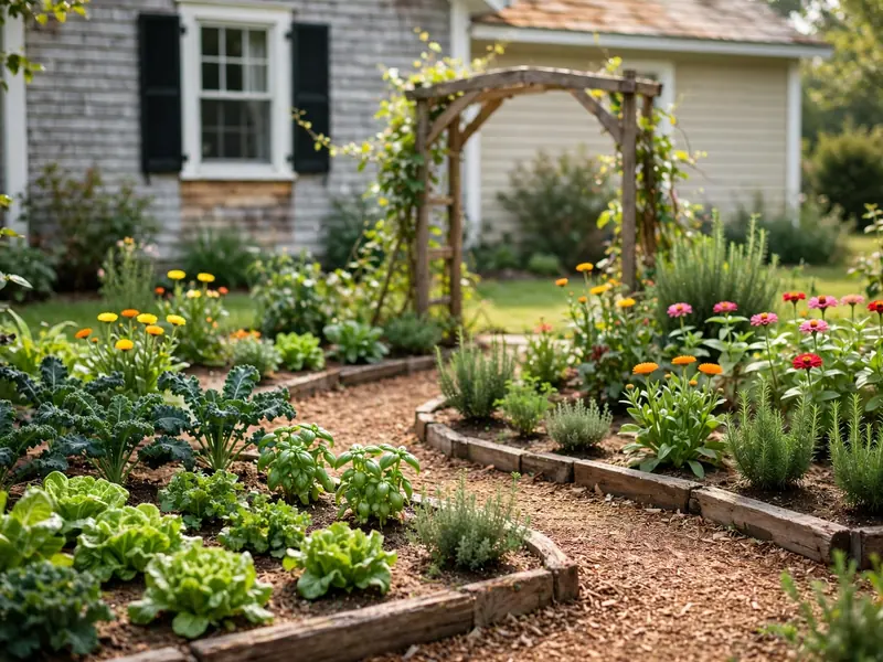 Cottage vegetable garden with leafy crops, zinnias, calendula flowers, and natural garden paths.