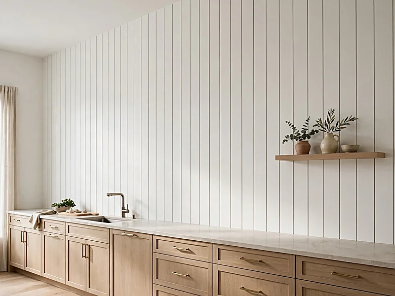Full-height vertical white shiplap rising from the kitchen countertop to the ceiling.