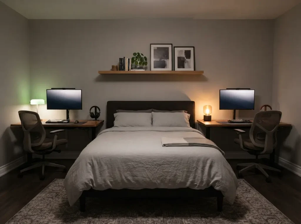 Couples split gaming setup with two desks on opposite walls and a shared shelf between them
