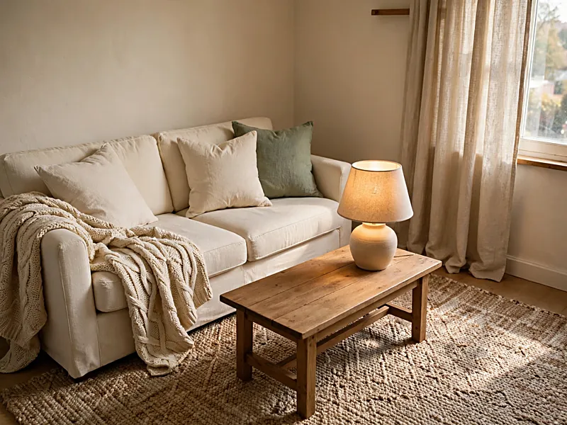 Cozy apartment seating area with a woven rug, linen curtains, cotton cushions, and a soft knitted throw.