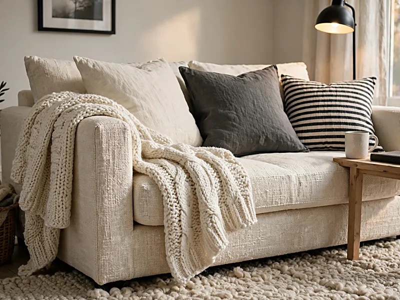 Cozy living room with a cream sofa, knitted throw, linen cushions, striped pillows, and a soft rug.