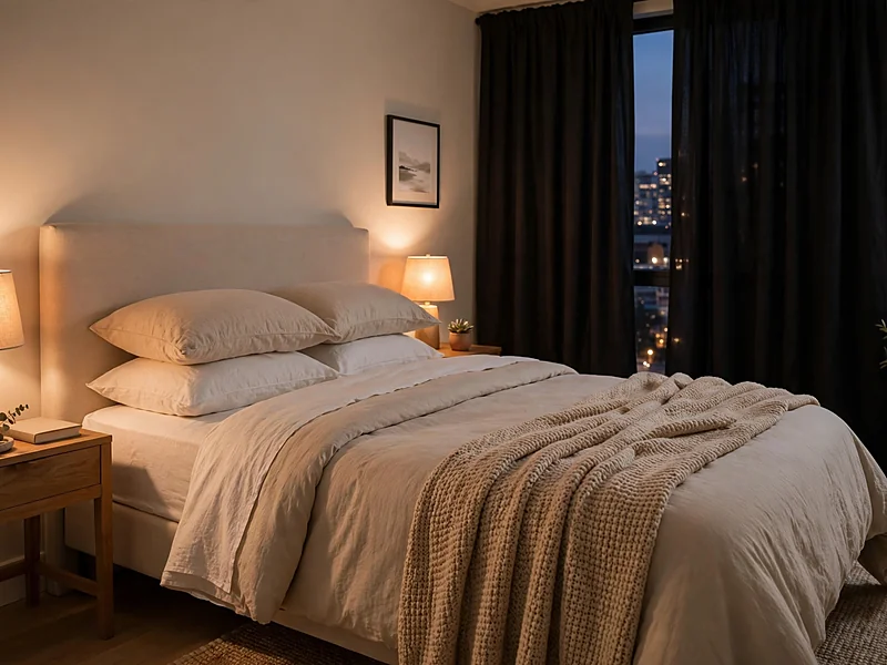Cozy condo bedroom with layered neutral bedding, warm bedside lamps, and blackout curtains.