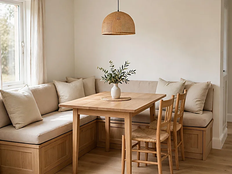 Small dining area with a cushioned corner banquette, wooden table, and comfortable dining chairs.