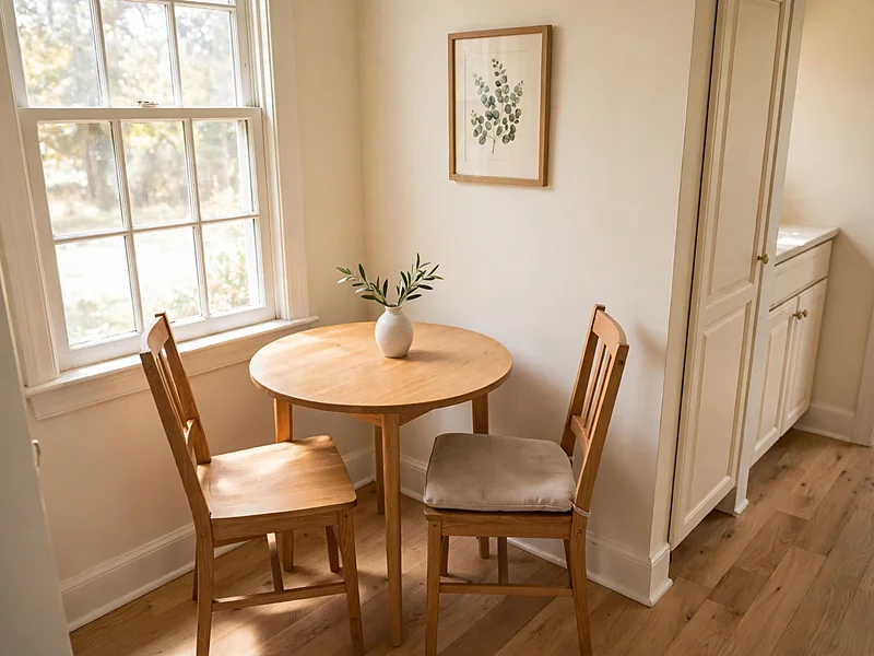 Small kitchen breakfast nook with a round wooden table, two chairs, and a washable seat cushion.