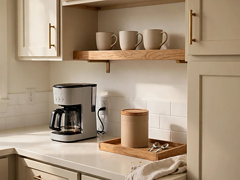 Organized kitchen coffee corner with a coffee maker, ceramic mugs, wooden tray, and oak shelf.