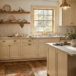 Cozy kitchen with cream cabinets, natural oak shelving, warm pendant lights, and a vintage-style runner.