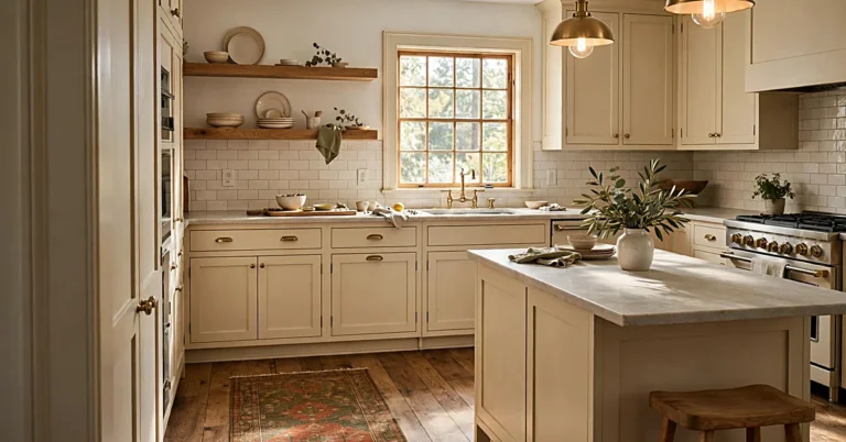 Cozy kitchen with cream cabinets, natural oak shelving, warm pendant lights, and a vintage-style runner.