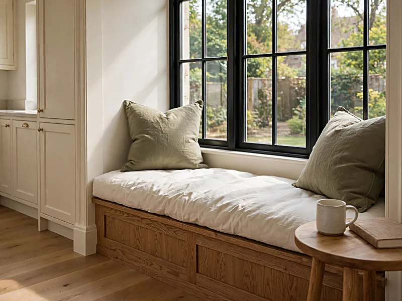 Kitchen window seat with cream cushions, olive pillows, natural wood trim, and a small side table.