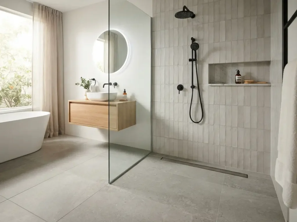 Curbless shower where the bathroom floor flows into the shower with no step
