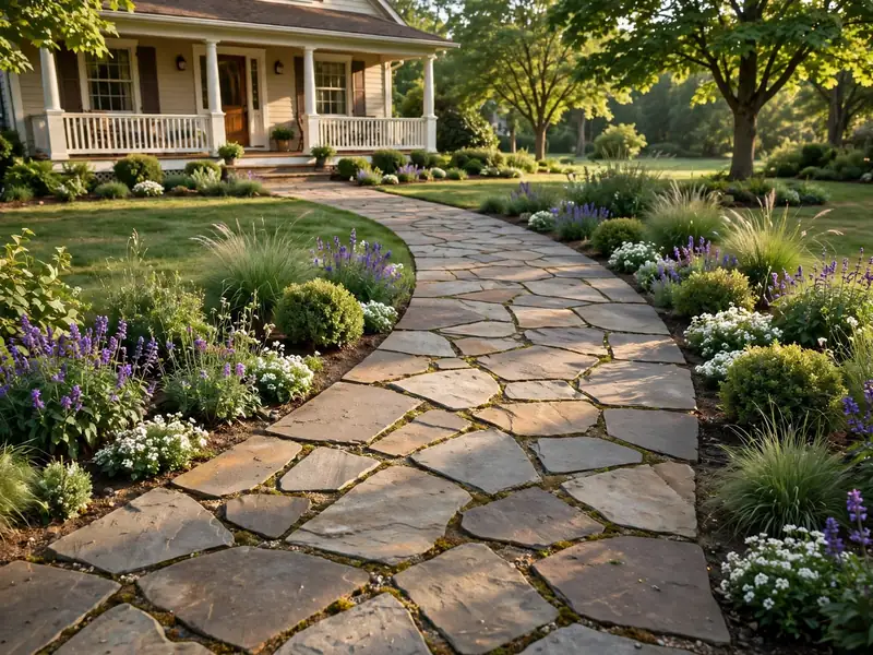 Curved flagstone walkway leading to a suburban home's entrance with low flowers and shrubs along both sides.