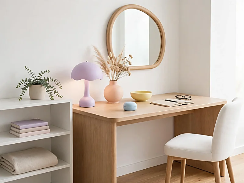 Danish pastel apartment corner with lilac lamp, curved mirror, pale wood furniture, and soft pastel accessories.