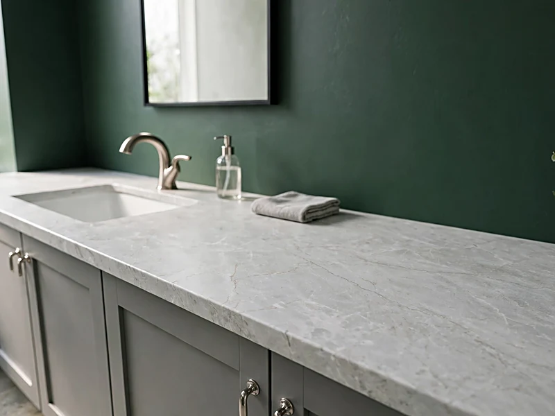 Dark forest green bathroom walls with a light gray marble countertop, white sink, and nickel fixtures.