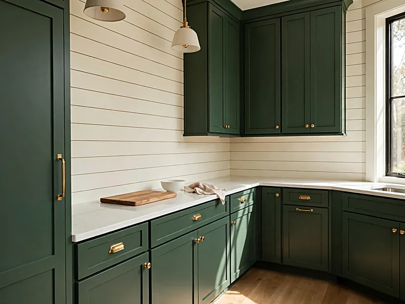 Dark forest green kitchen cabinets with cream shiplap backsplash, white quartz, and brass handles.