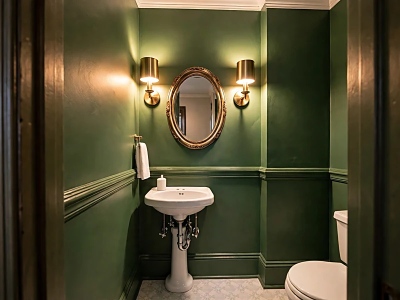 Small powder room with dark green painted walls, white sink, brass sconces, and framed mirror.