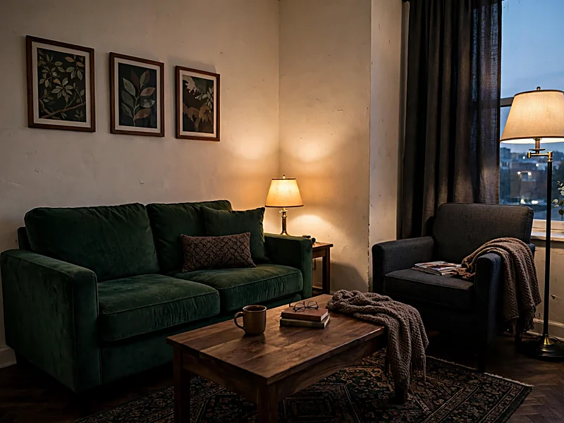 Moody apartment interior with dark green furnishings, walnut wood, charcoal textiles, and warm accent lighting.
