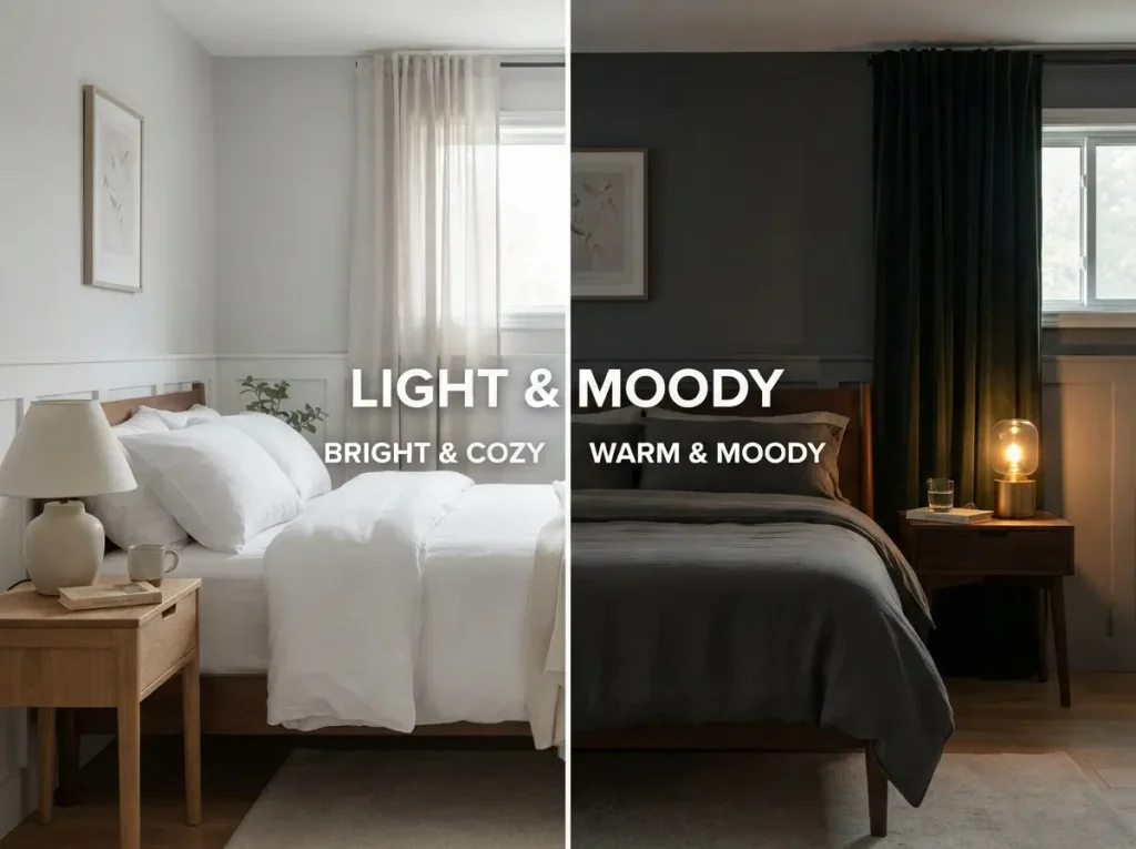 Before and after of a bedroom styled with dark bedding, dark curtains, and a warm yellow lamp
