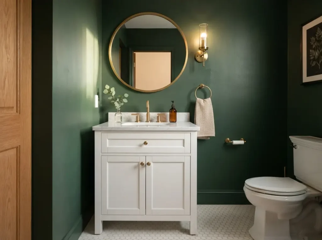 Powder room with deep green satin walls and a white freestanding vanity
